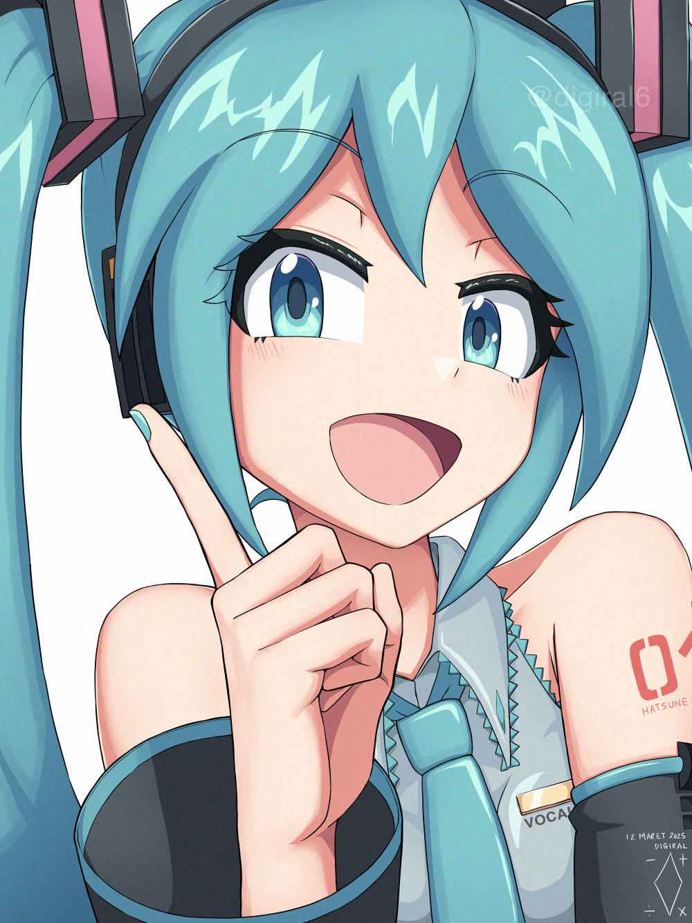 1girl, :d, aqua_eyes, aqua_hair, aqua_necktie, artist_logo, artist_name, black_sleeves