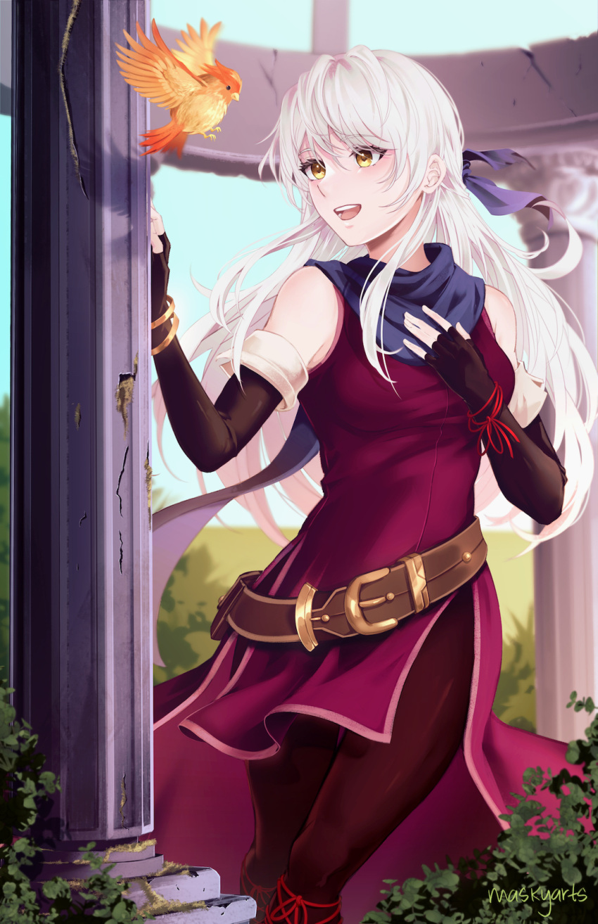 1girl, :d, artist_name, bare_shoulders, belt, bird, black_gloves, blue_ribbon
