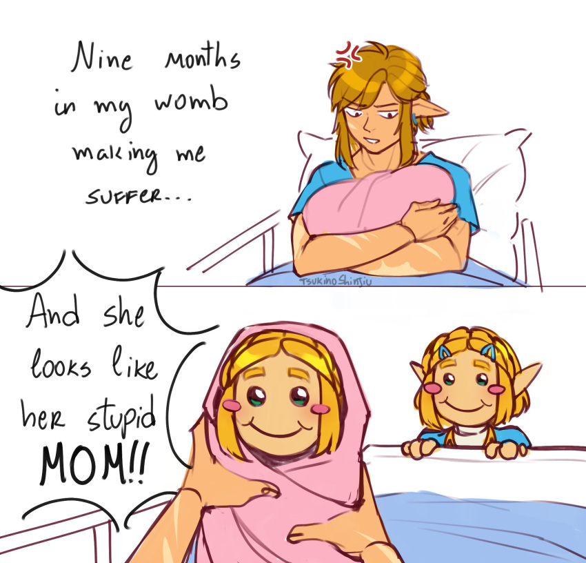 1boy, 2girls, and_he_looks_like_his_stupid_dad_(meme), anger_vein, artist_name, bed, blonde_hair, blue_shirt