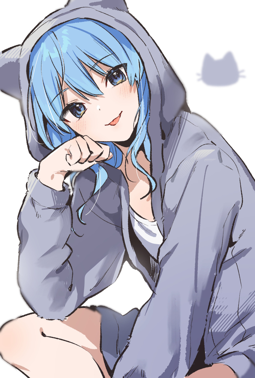 1girl, absurdres, blue_eyes, blue_hair, dot_nose, grey_hoodie, hair_bikini, highres