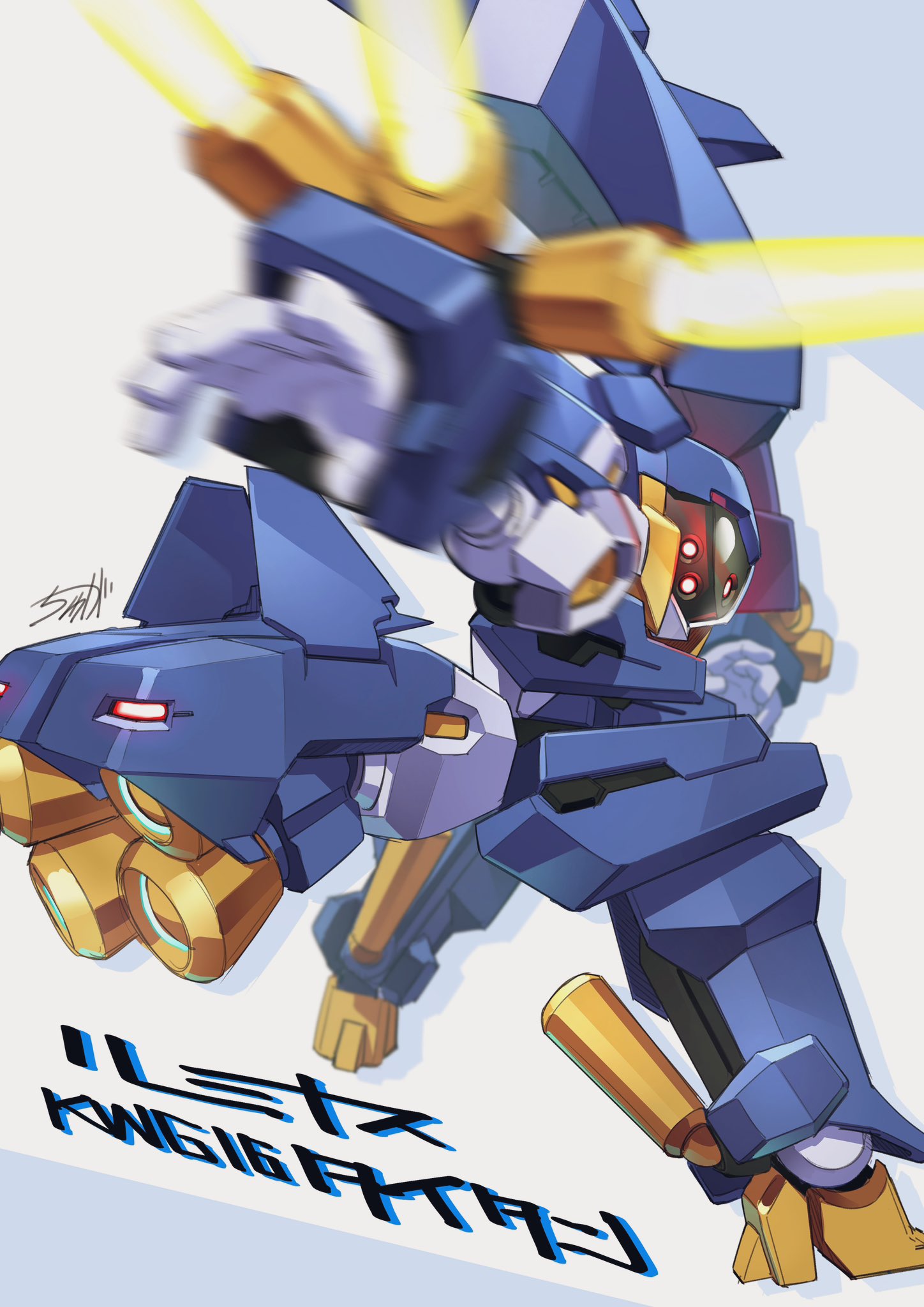 1boy, armor, blue_armor, character_name, from_behind, full_body, highres, humanoid_robot, looking_at_viewer, luminous_titan_(medarot), male_focus, medarot, medarot_s, red_eyes, robot, simple_background, solo, tyuga, white_background