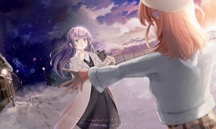 2girls, beanie, become_444, brown_coat, brown_skirt, cerise_bouquet, coat, commentary_request