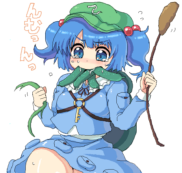 backpack, bad_id, bag, blue_eyes, blue_hair, cucumber, full_mouth, hair_bobbles