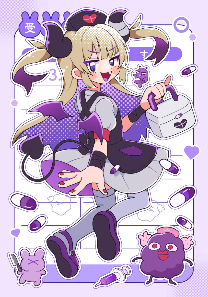 1girl, apron, black_apron, black_hat, black_horns, black_tail, commentary_request, demon_horns