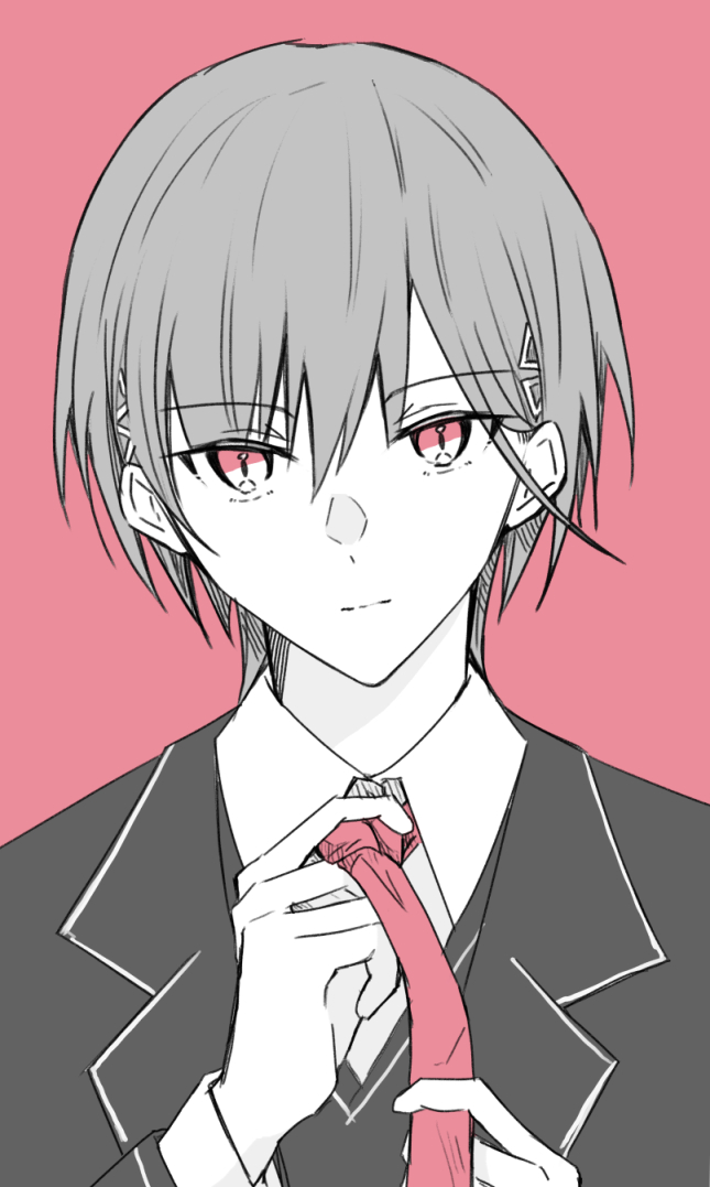 1girl, adjusting_clothes, adjusting_necktie, blazer, collared_shirt, dress_shirt, greyscale_with_colored_background, hair_between_eyes