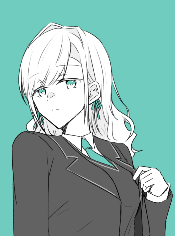 1girl, :|, aqua_background, aqua_eyes, aqua_necktie, aqua_theme, blazer, breasts