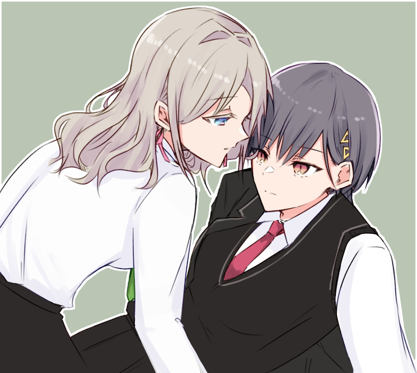 2girls, :|, arm_out_of_sleeve, black_jacket, black_skirt, black_sweater_vest, blazer, blue_eyes