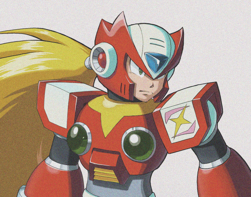 1boy, android, armor, black_helmet, blonde_hair, chest_jewel, clenched_hands, close-up