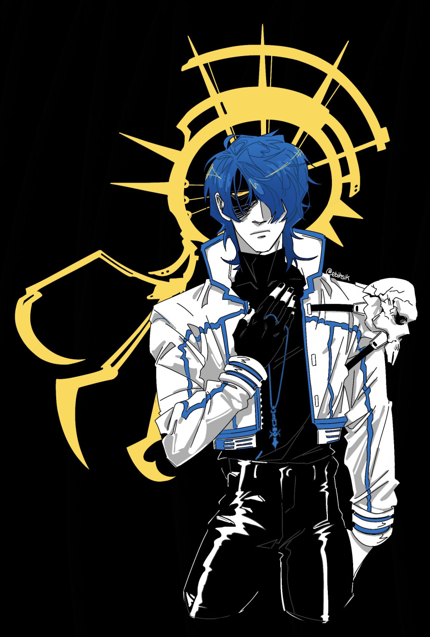 1boy, abstract_background, absurdres, anime_coloring, artist_name, black_background, black_gloves, black_nails