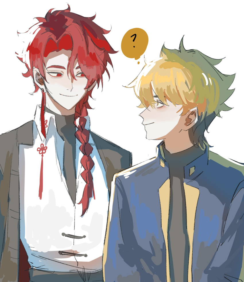2boys, ?, black_coat, black_shirt, blonde_hair, blue_jacket, braid, chinese_clothes