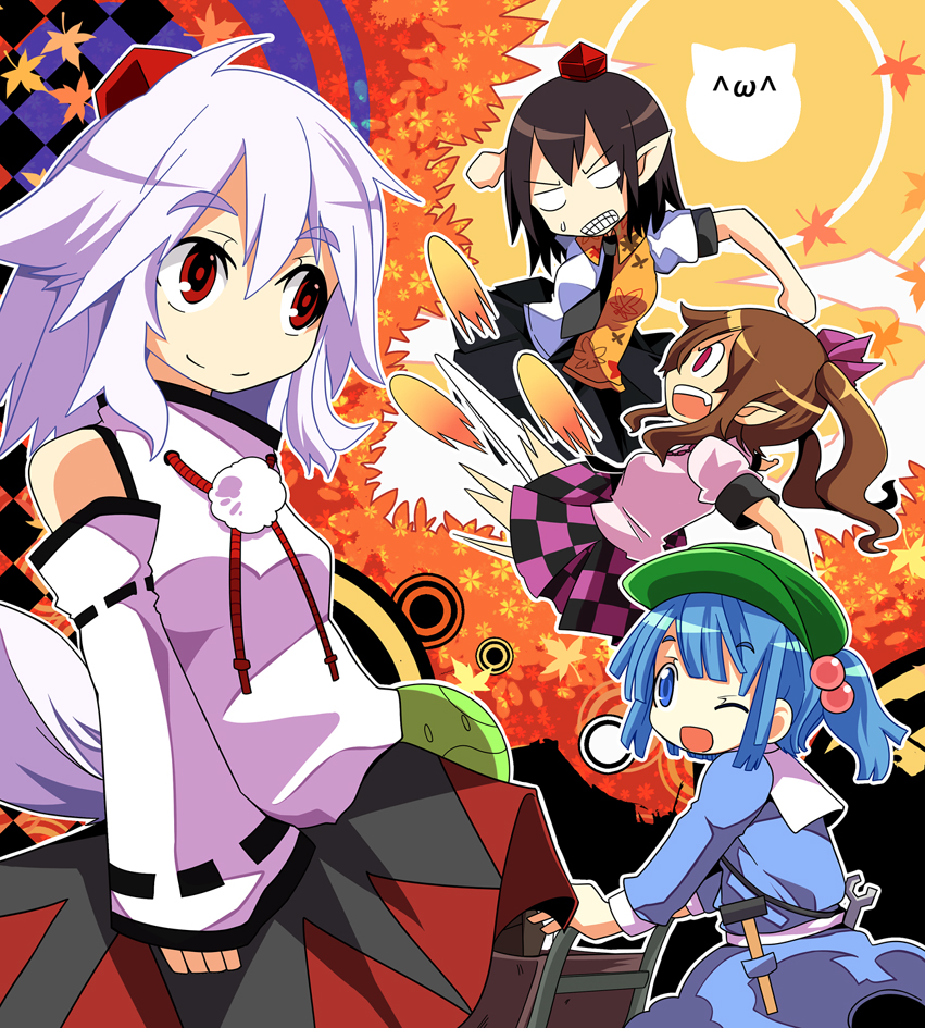 :3, ^_^, ^w^, autumn, black_hair, blue_eyes, blue_hair, brown_hair