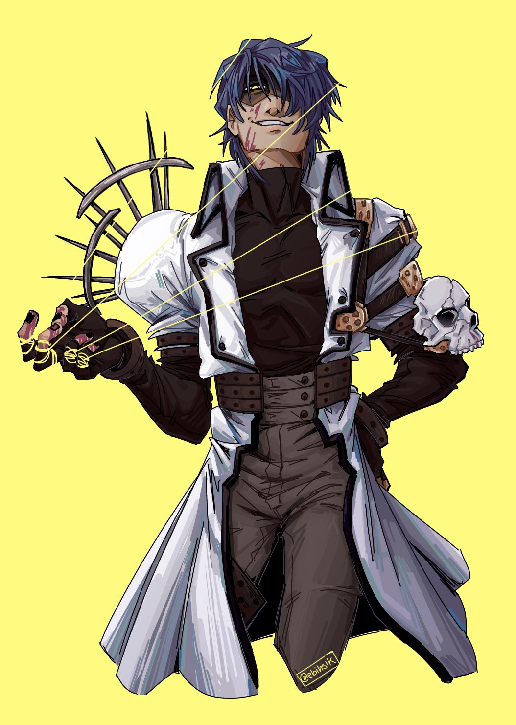 1boy, arm_belt, artist_name, belt, black_nails, blood, blood_on_face, blue_hair