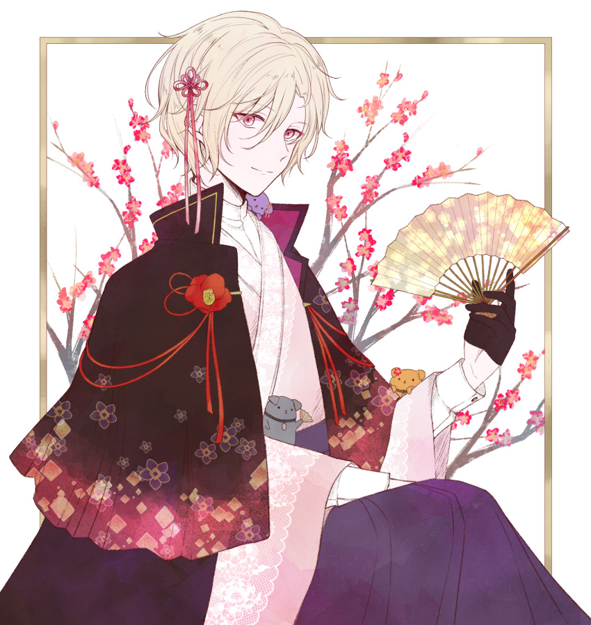 1boy, black_cape, black_gloves, blonde_hair, branch, camellia, cape, corsage