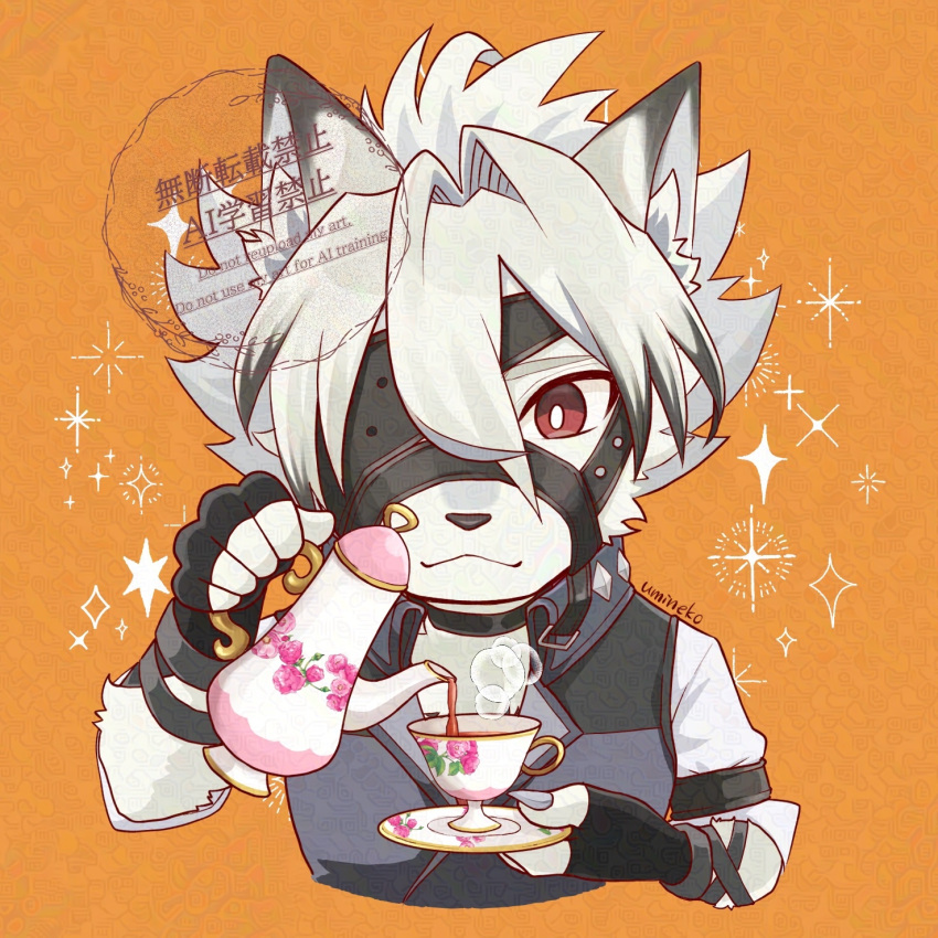 1boy, animal_ears, artist_name, bicep_strap, black_gloves, chinese_text, claws, closed_mouth