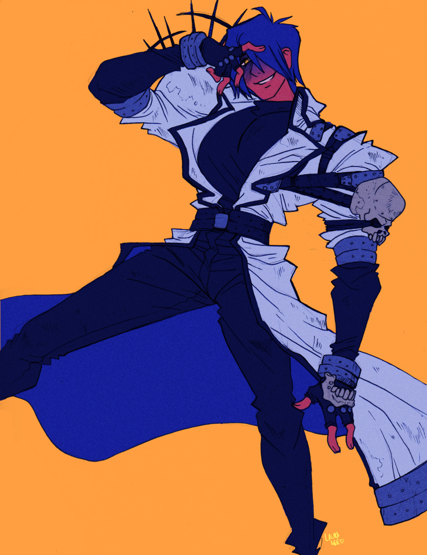 1boy, artist_name, belt, belt_around_waist, black_pants, blue_hair, bracelet, coat