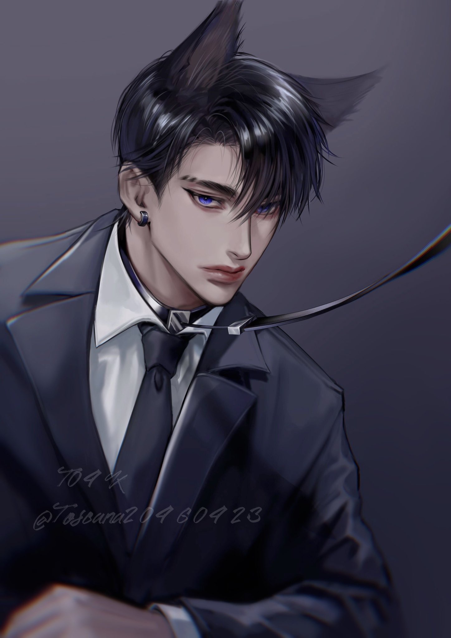 1boy, animal_collar, animal_ears, black_hair, black_jacket, black_leash, black_necktie, blue_eyes, blurry, blurry_foreground, closed_mouth, collar, dog_ears, earrings, eyeshadow, gradient_background, grey_background, hair_between_eyes, highres, jacket, jewelry, lips, looking_at_viewer, makeup, male_focus, necktie, original, shirt, short_hair, signature, solo, thick_lips, toscana20460423, twitter_username, upper_body, white_shirt