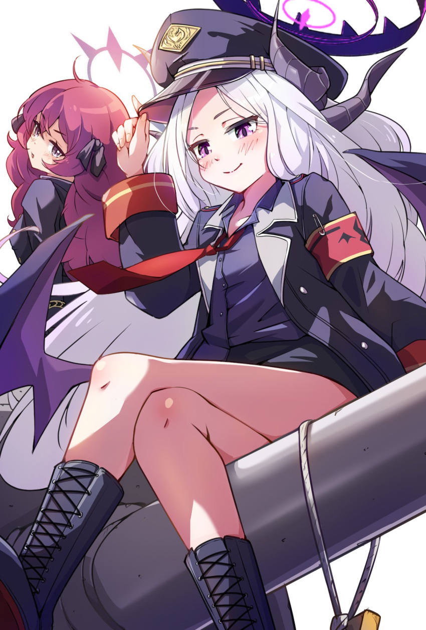 2girls, ahoge, armband, black_coat, black_halo, black_hat, blue_archive, blush