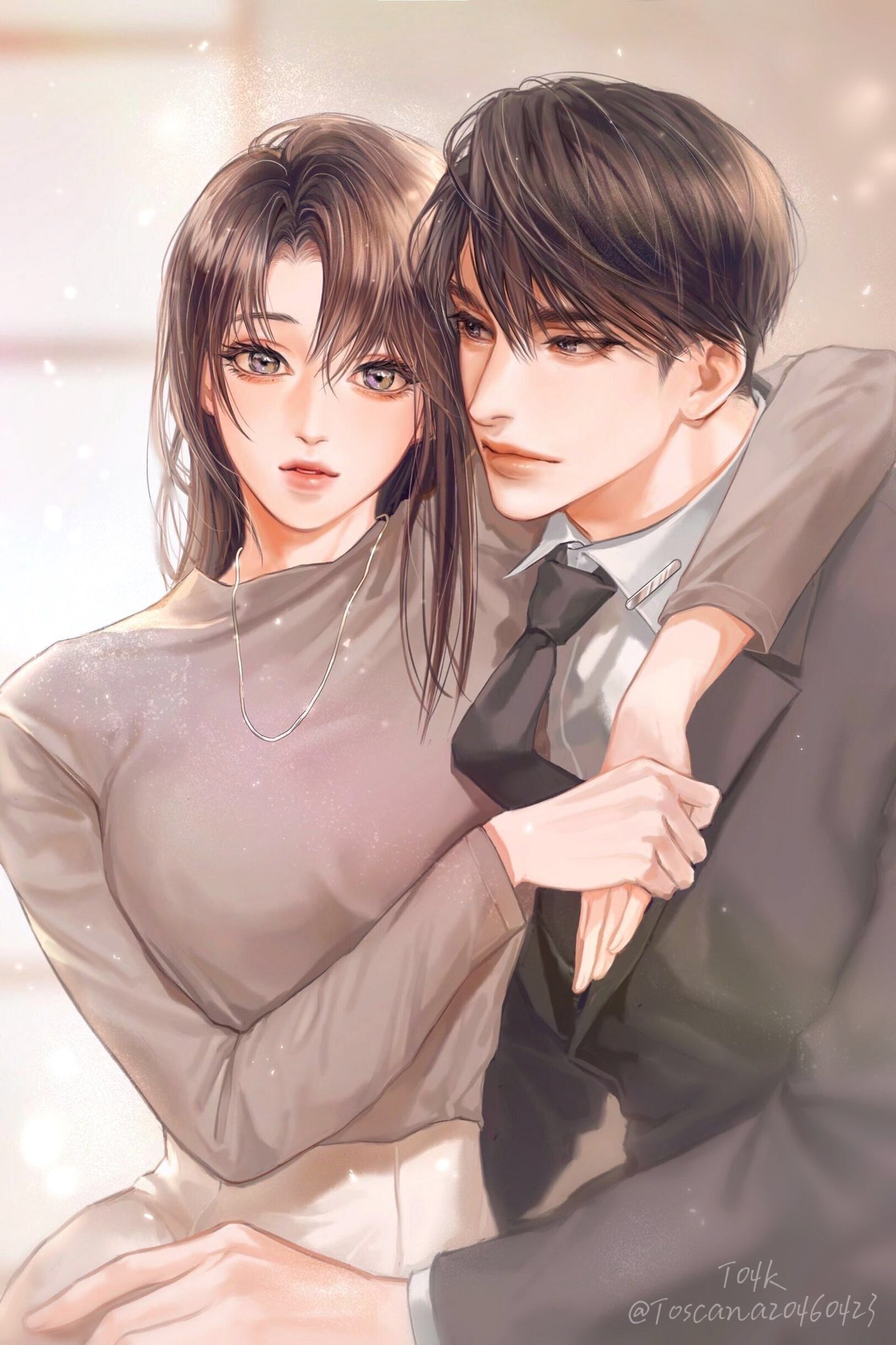 1boy, 1girl, arm_around_neck, artist_name, black_hair, black_jacket, black_necktie, blurry