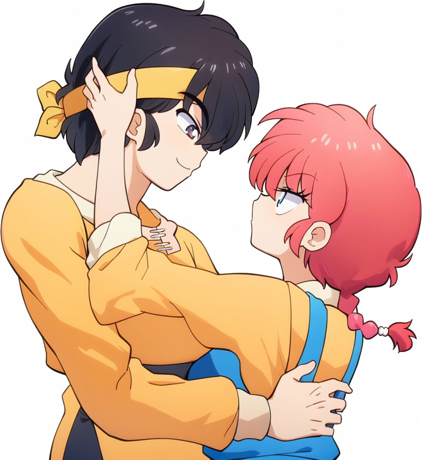 1boy, 1girl, arm_around_back, bandana, black_hair, blue_eyes, blue_overalls, braid