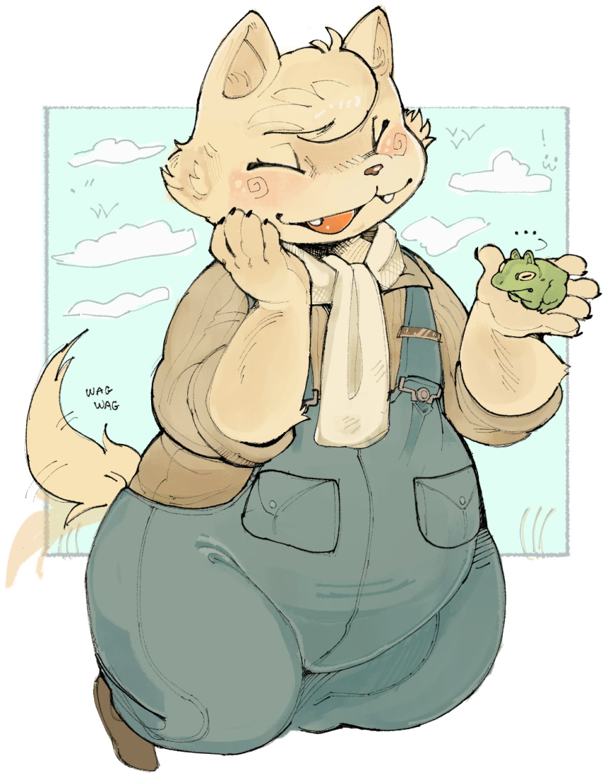 ..., 1boy, animal_ears, blue_sky, blush, boron_brioche, brown_shirt, cat_boy, cat_ears, cat_tail, claws, closed_eyes, clouds, english_commentary, frog, furry, furry_male, hand_on_own_cheek, hand_on_own_face, highres, little_tail_bronx, male_focus, open_mouth, robbielives, senjou_no_fuuga, shirt, sky, suspenders, tail, tail_wagging