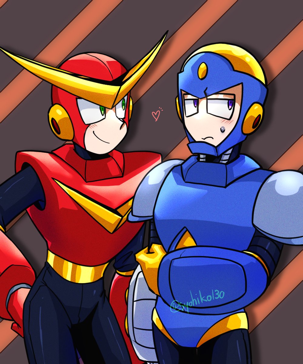2boys, blush, blush_stickers, brown_background, closed_mouth, diagonal-striped_background, flash_man, green_eyes, heart, highres, humanoid_robot, looking_at_another, mechanical_arms, mega_man_(classic), mega_man_(series), mega_man_2, multiple_boys, nervous_sweating, quick_man, robot, smile, striped_background, sweat, syohiko130, tagme, twitter_username, violet_eyes