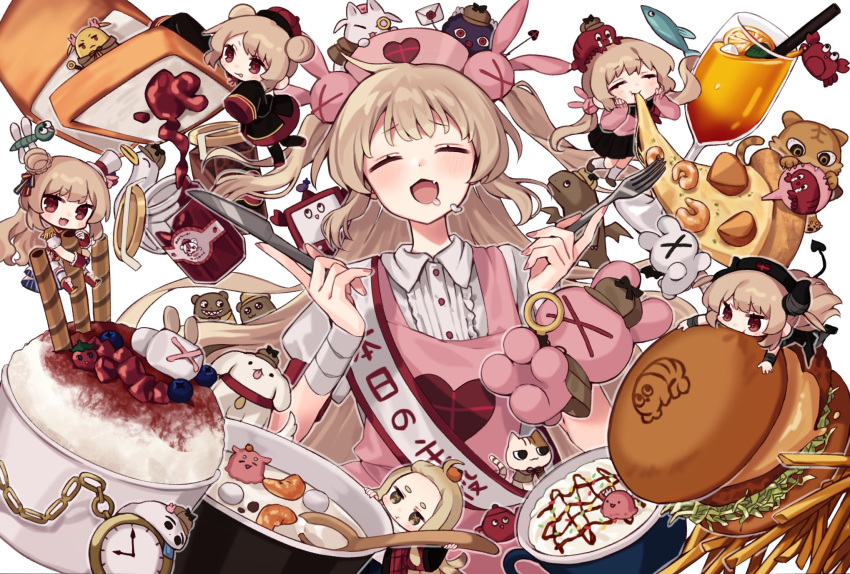 6+girls, :d, apron, birthday_sash, black_apron, black_hat, black_sailor_collar, black_skirt