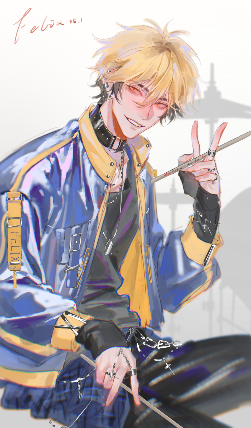 1boy, absurdres, alternate_costume, black_hair, black_pants, black_shirt, blonde_hair, blue_jacket, chain, character_name, chengyin0726, choker, collar, cross, drum, drum_set, drumsticks, ear_piercing, earrings, grin, hair_between_eyes, highres, holding, instrument, jacket, jewelry, long_sleeves, looking_at_viewer, male_focus, multicolored_hair, multiple_rings, necklace, open_clothes, open_jacket, orange_eyes, pants, piercing, ring, shiguang_dailiren, shirt, short_hair, signature, simple_background, sitting, smile, solo, thumb_ring, two-tone_hair, v, white_background, xia_fei, yellow_eyes