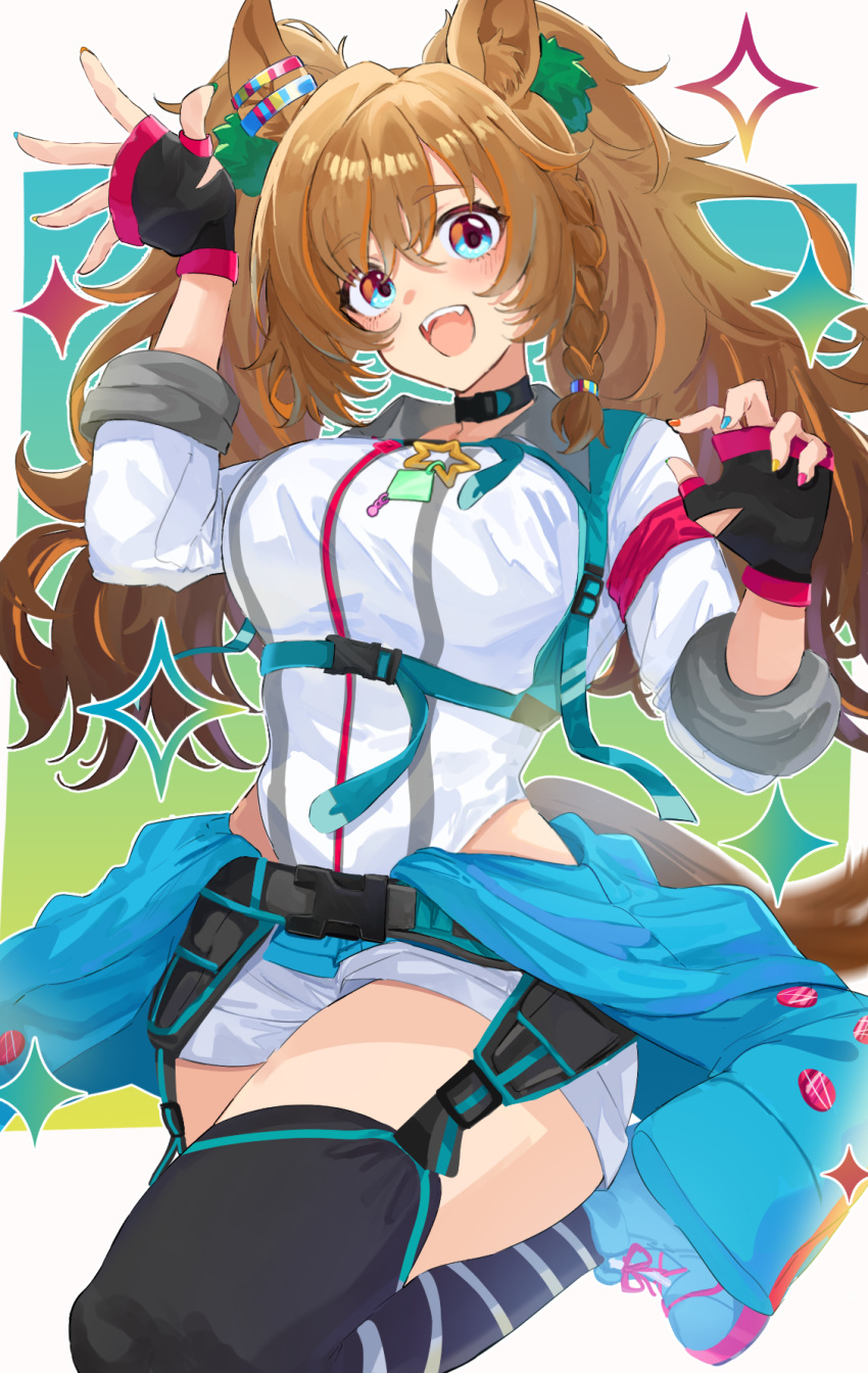 1girl, animal_ears, blast_onepiece_(umamusume), blue_eyes, blush, breasts, brown_hair, commentary_request