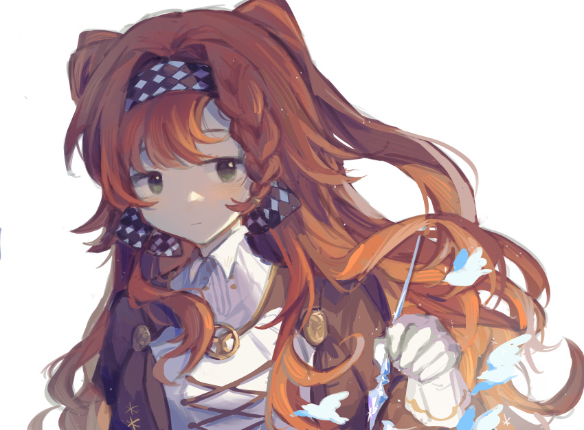 1girl, absurdres, checkered_hairband, collared_dress, dongfang_shuyechu, dress, glass_pen, gloves, green_eyes, hairband, hand_up, high_collar, highres, holding, holding_pen, long_hair, looking_at_viewer, orange_hair, pen, reverse:1999, simple_bird, solo, sonetto_(reverse:1999), two_side_up, upper_body, white_background, white_dress, white_gloves