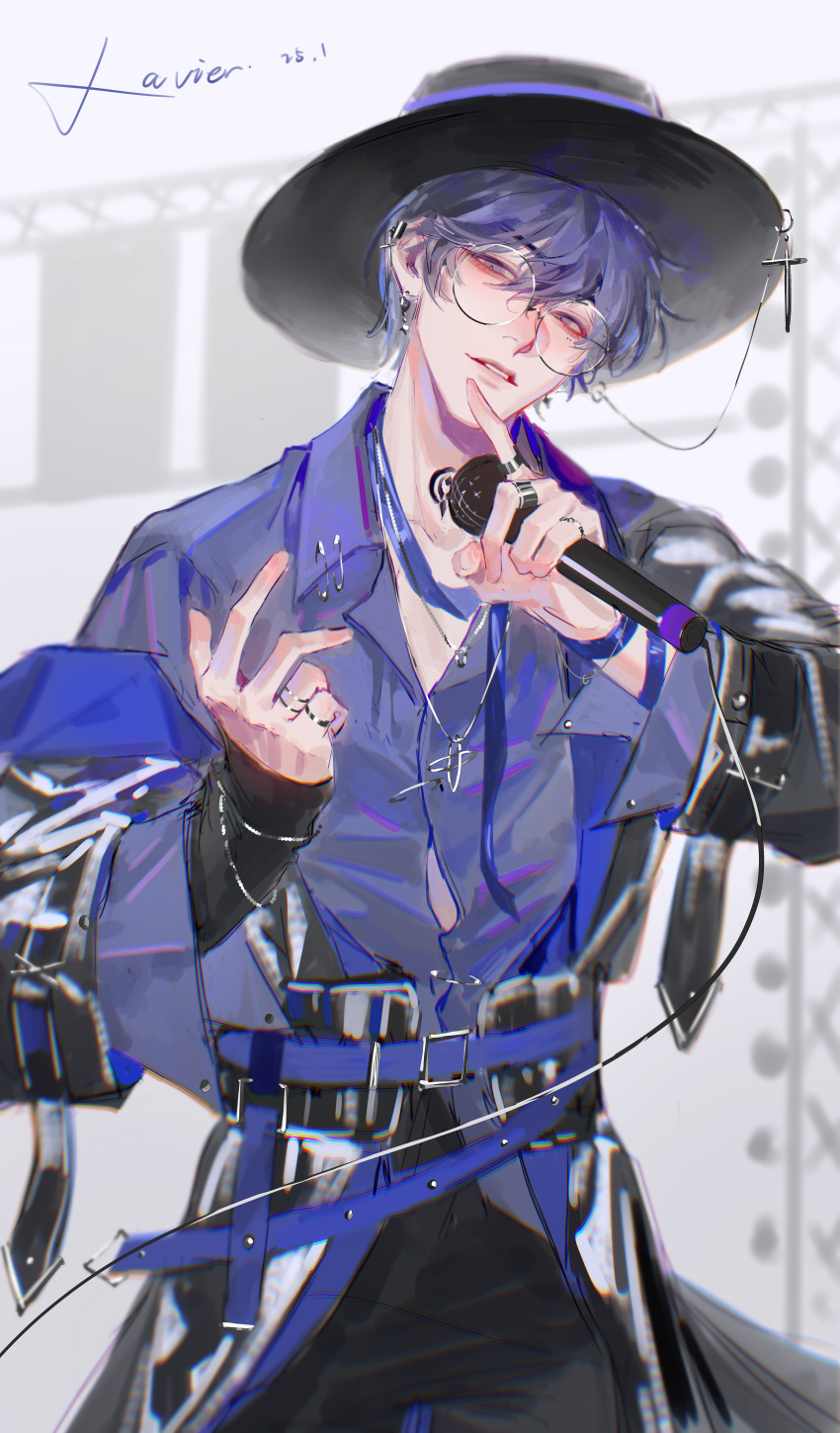 1boy, absurdres, alternate_costume, belt, bishounen, black_belt, black_jacket, black_pants, blue_shirt, character_name, chengyin0726, coat, collared_shirt, cowboy_shot, cross, cross_necklace, ear_piercing, earrings, eyewear_strap, glasses, hair_between_eyes, hat, highres, holding, holding_microphone, jacket, jewelry, liu_xiao, long_sleeves, looking_at_viewer, male_focus, microphone, necklace, pants, parted_lips, piercing, purple_hair, purple_shirt, ring, round_eyewear, shiguang_dailiren, shirt, short_hair, signature, smile, solo, violet_eyes