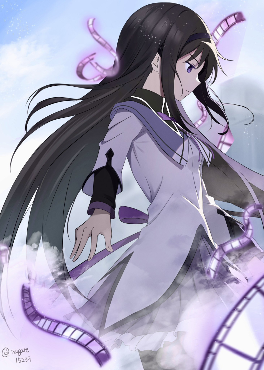1girl, above_clouds, akemi_homura, black_hair, blue_sky, clouds, cloudy_sky, film_strip