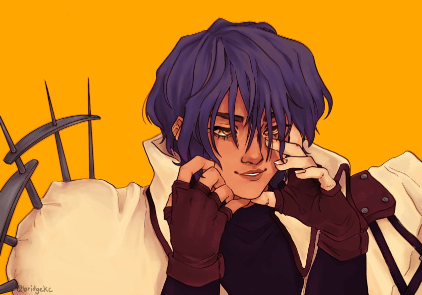1boy, artist_name, bishounen, black_shirt, blue_hair, body_part_swap, bridgekc, coat
