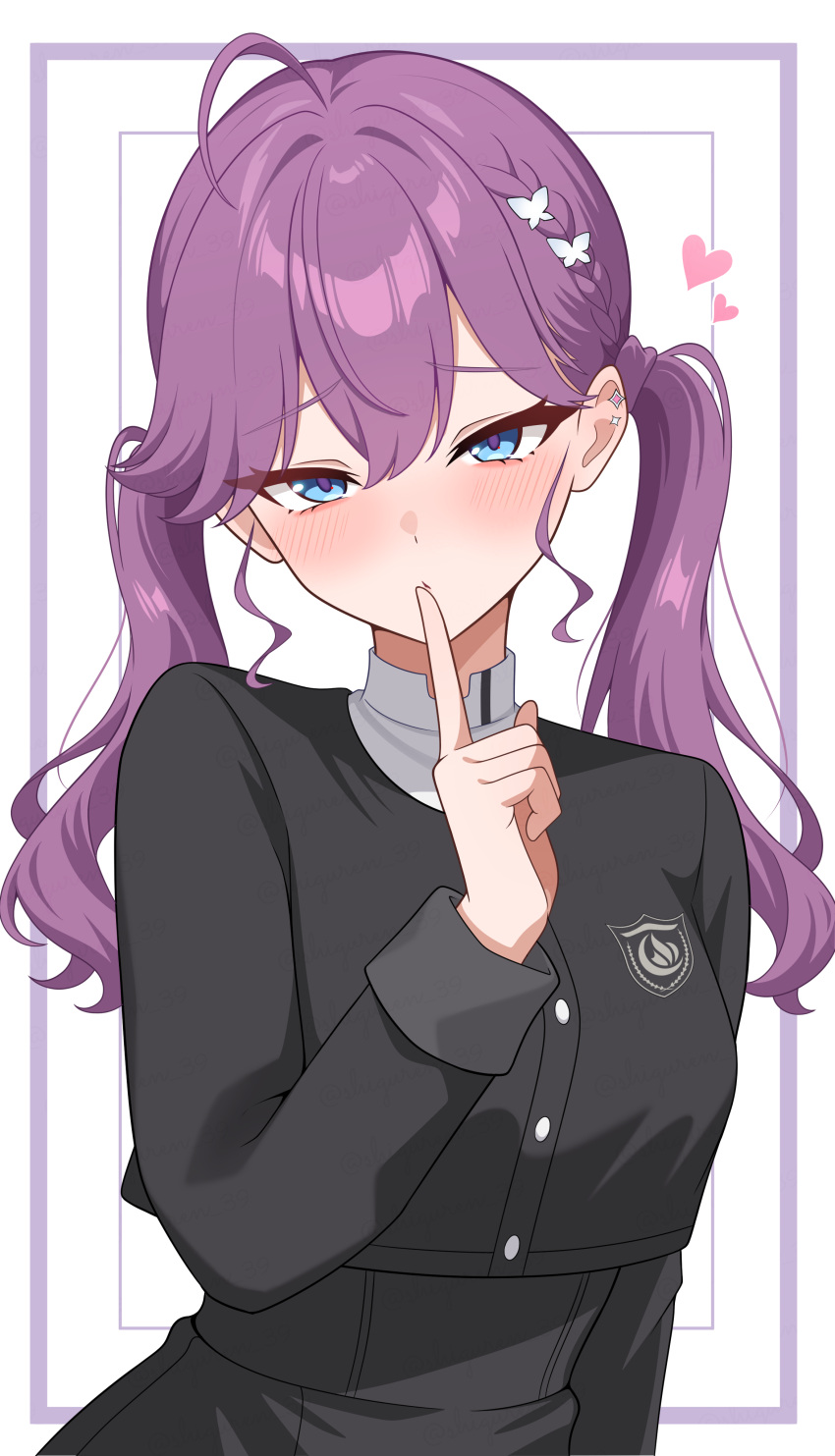 1girl, absurdres, ahoge, black_jacket, black_skirt, blush, braid, butterfly_hair_ornament