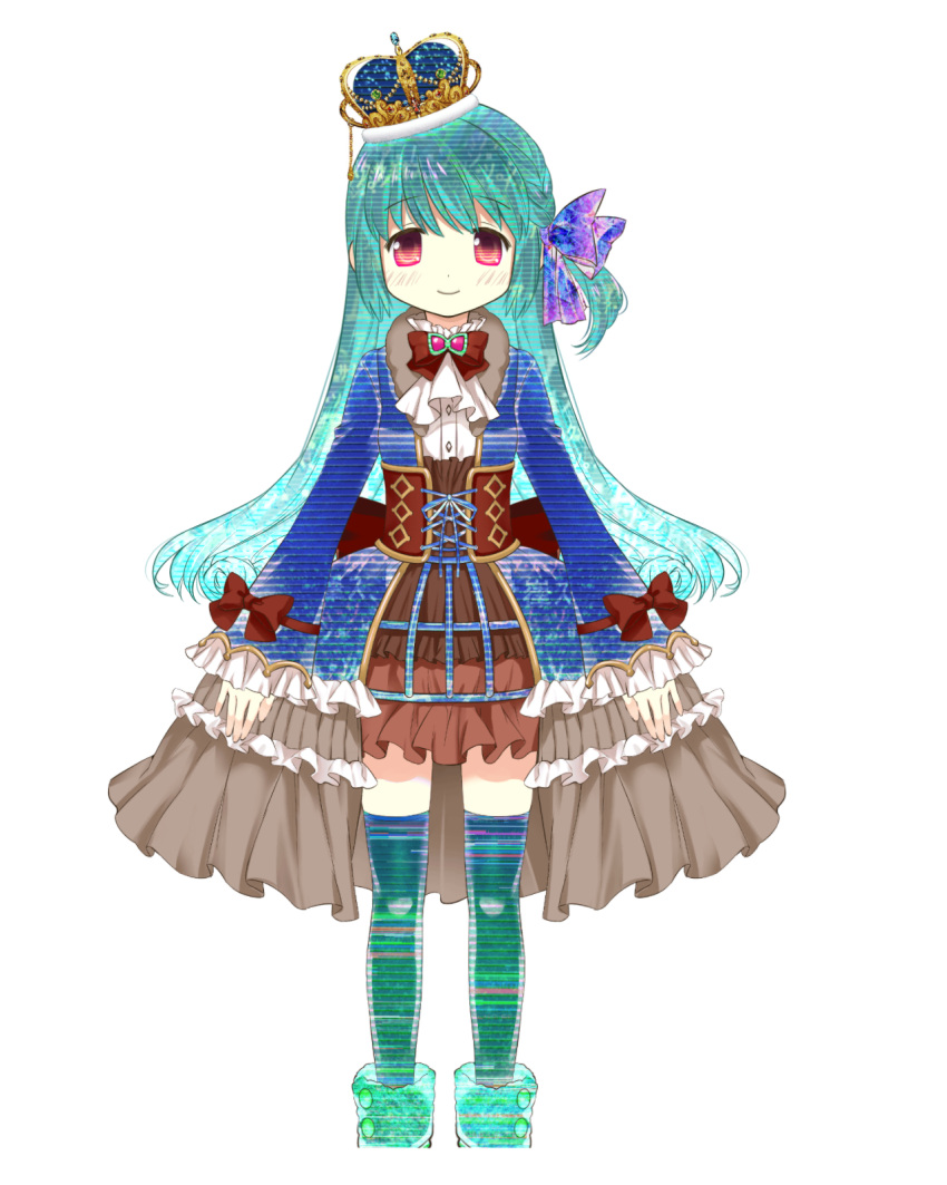 aqua_hair, bow, bowtie, braid, crown, curly_hair, dress, frilled_dress