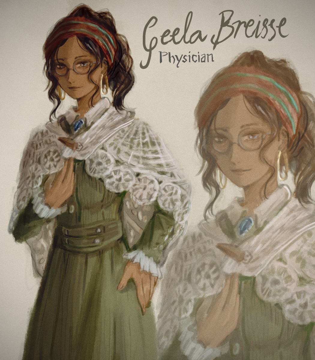 1girl, dark-skinned_female, dark_skin, dress, earrings, geela_breisse, glasses, green_dress