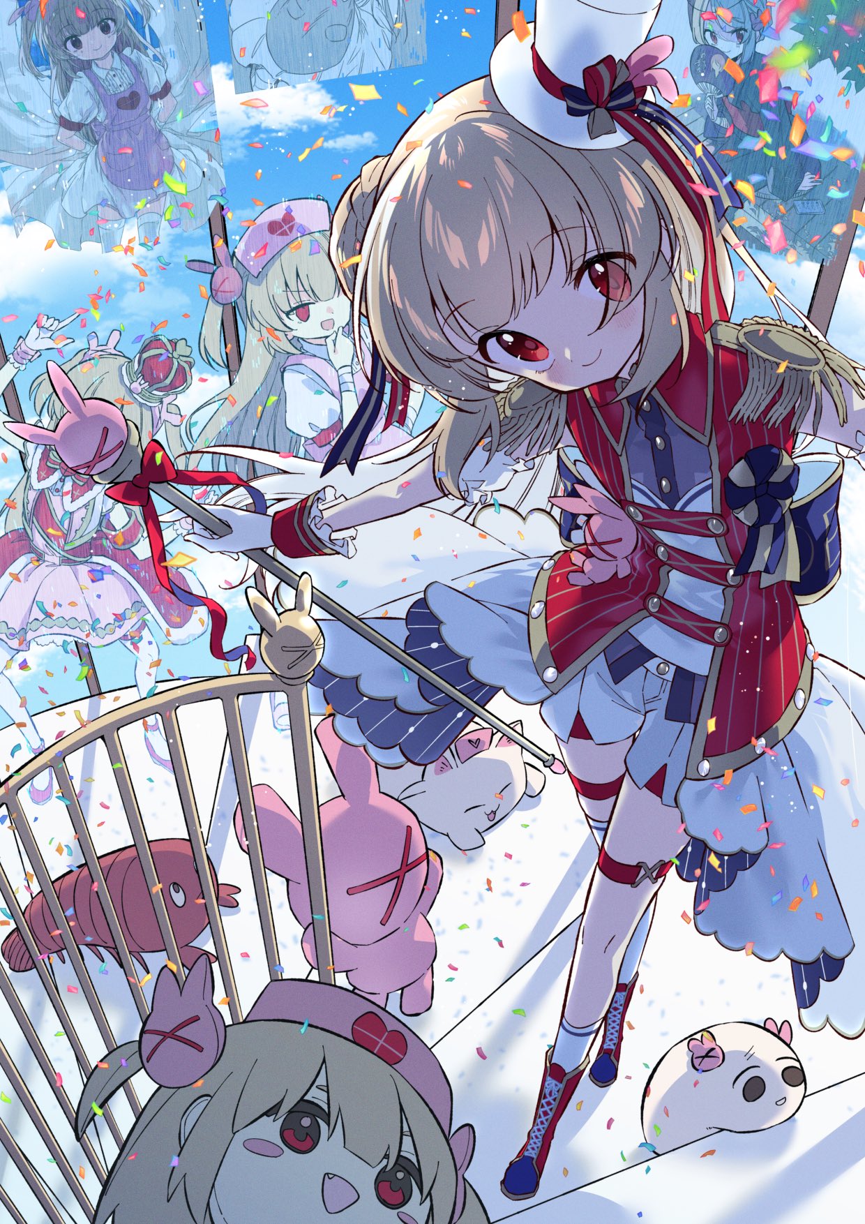 3girls, :d, blonde_hair, blue_sky, commentary_request, confetti, epaulettes, hat
