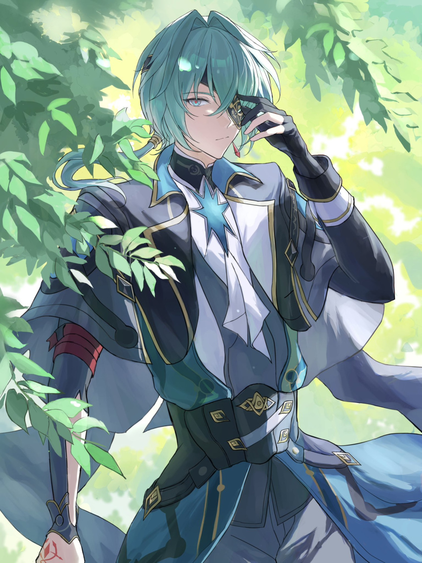 1boy, anaxa_(honkai:_star_rail), aqua_eyes, aqua_hair, ascot, black_capelet, black_corset, black_gloves
