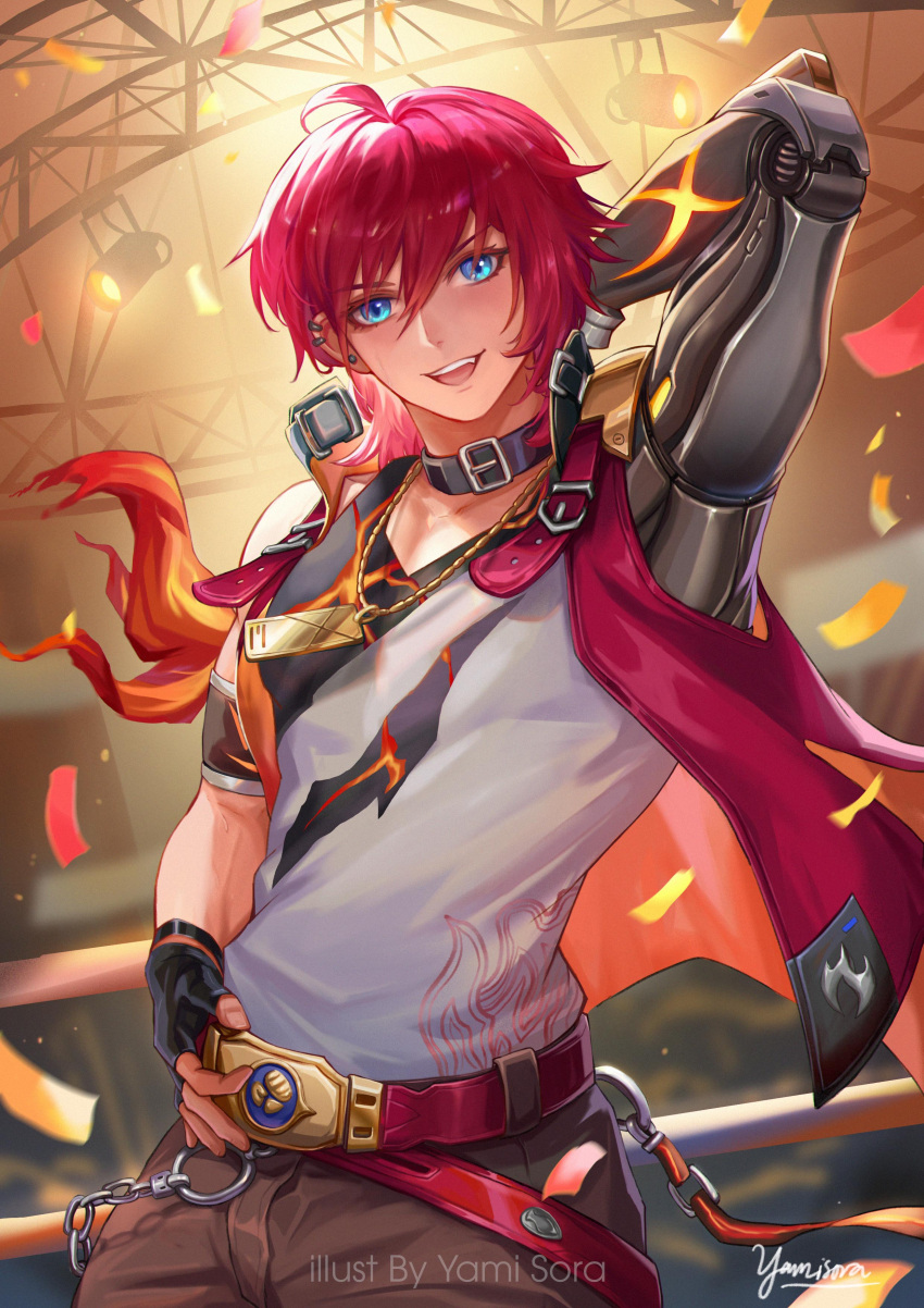 1boy, absurdres, belt, black_gloves, blue_eyes, blush, brown_pants, chinnpou