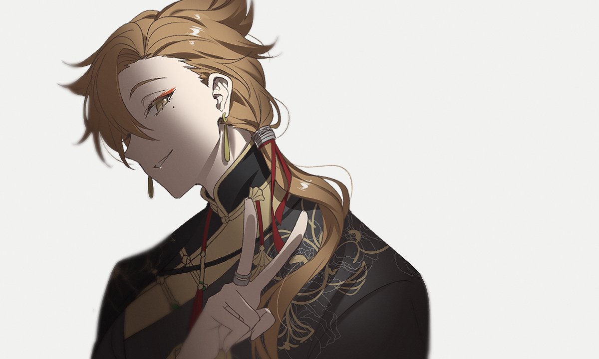 1boy, brown_hair, changpao, chinese_clothes, earrings, eyeshadow, fushimi_gaku, fushimi_gaku_(9th_costume)