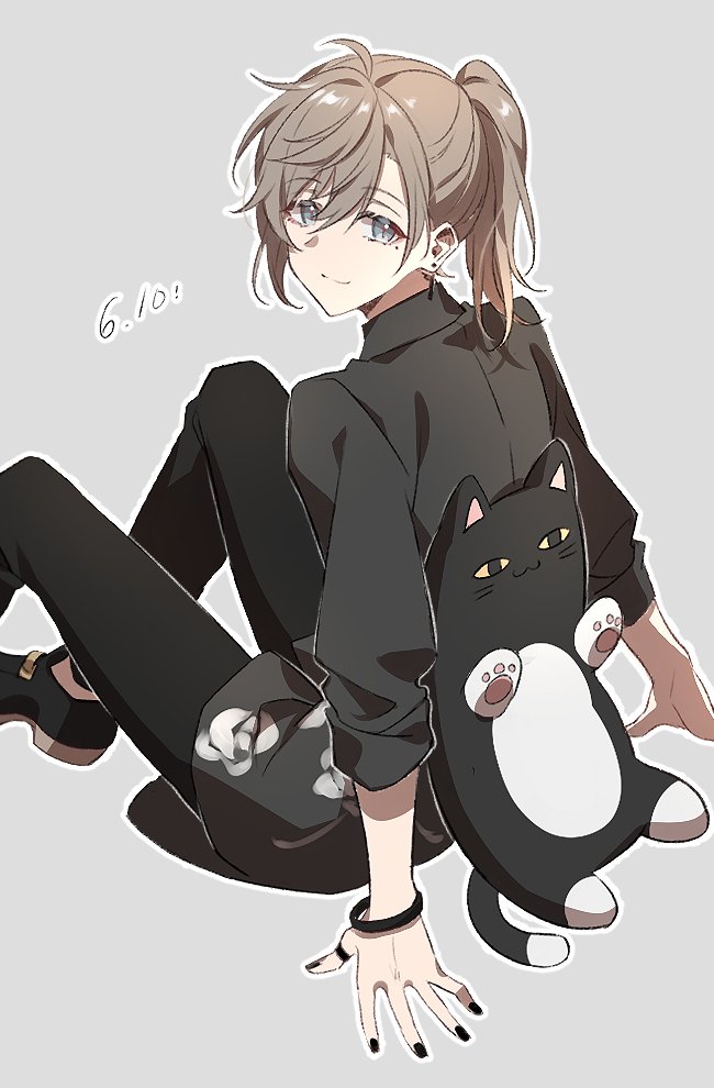 1boy, ahoge, arm_support, black_nails, black_pants, black_shirt, black_shoes, bracelet
