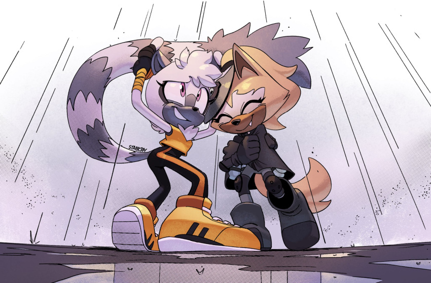 2girls, animal_ears, artist_name, black_bodysuit, black_gloves, black_shoes, bodysuit, brown_fur