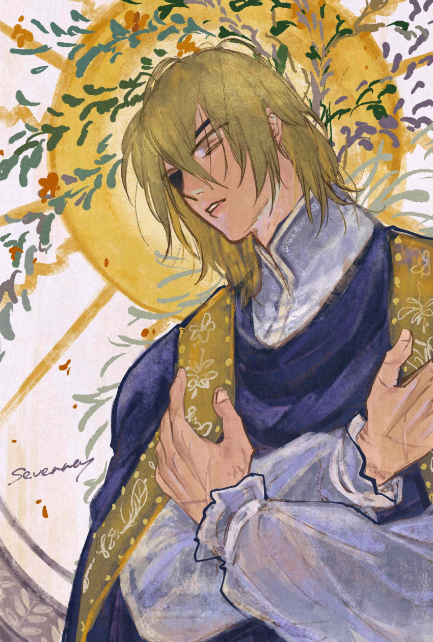 1boy, alternate_costume, blonde_hair, closed_eyes, collared_shirt, commentary_request, crossed_arms, dimitri_alexandre_blaiddyd