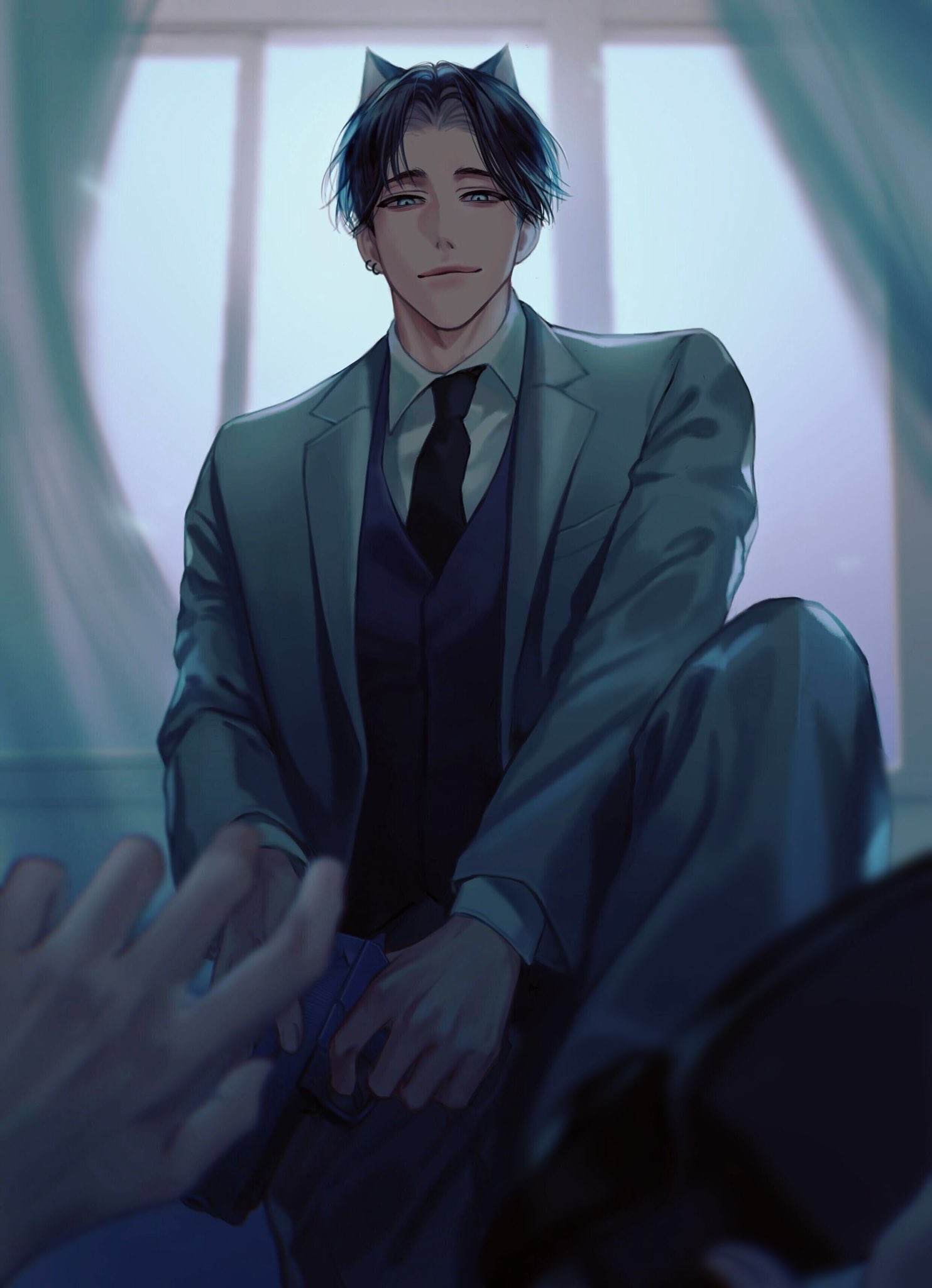 1boy, 1other, animal_ears, aqua_curtains, black_hair, black_necktie, black_shoes, black_vest