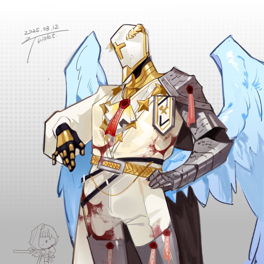 1boy, 1girl, alternate_costume, angel, angel_wings, ascot, belt, blood, blood_on_clothes, blood_on_face, chibi, cosplay, feathered_wings, gabriel_(ultrakill), gauntlets, grey_background, highres, kromer_(project_moon), kromer_(project_moon)_(cosplay), limbus_company, male_focus, pants, project_moon, sigil, simple_background, solo, suit, ultrakill, white_ascot, white_suit, wings, ztviolet1