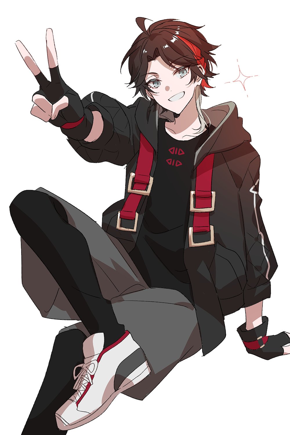 1boy, ahoge, arm_support, black_gloves, black_jacket, black_pants, black_shirt, blue_eyes