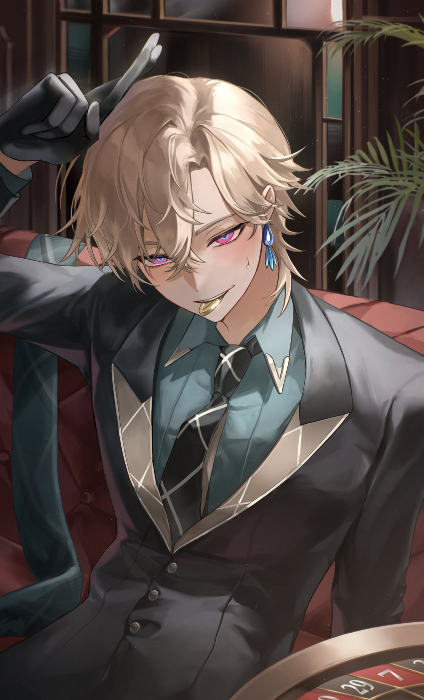 1boy, absurdres, alternate_costume, aventurine_(honkai:_star_rail), biigagrim, bishounen, black_gloves, black_necktie