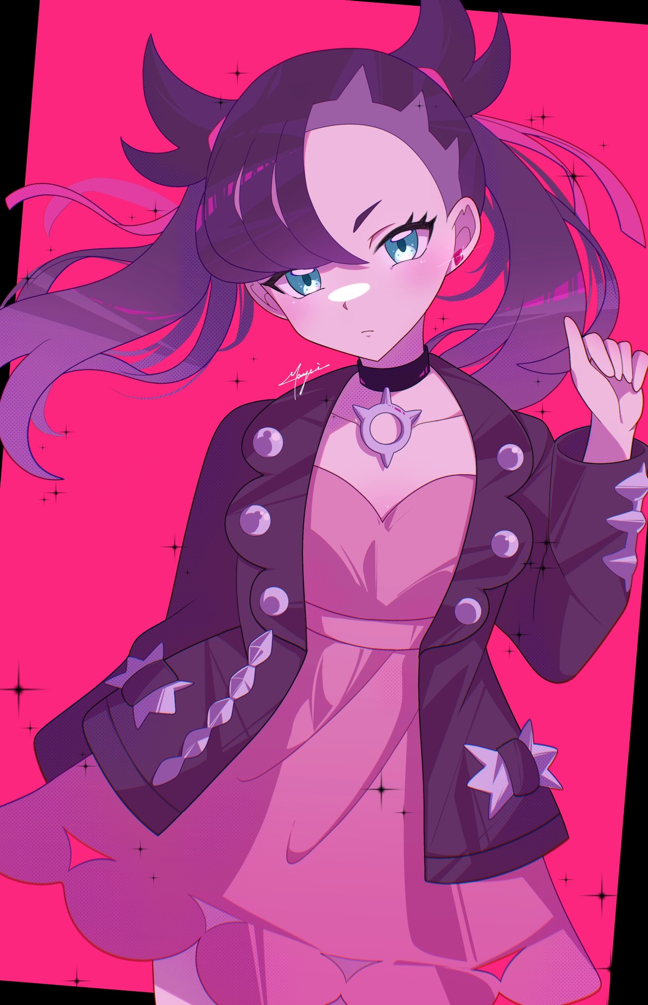 1girl, aqua_eyes, asymmetrical_bangs, black_choker, black_hair, black_jacket, choker, closed_mouth