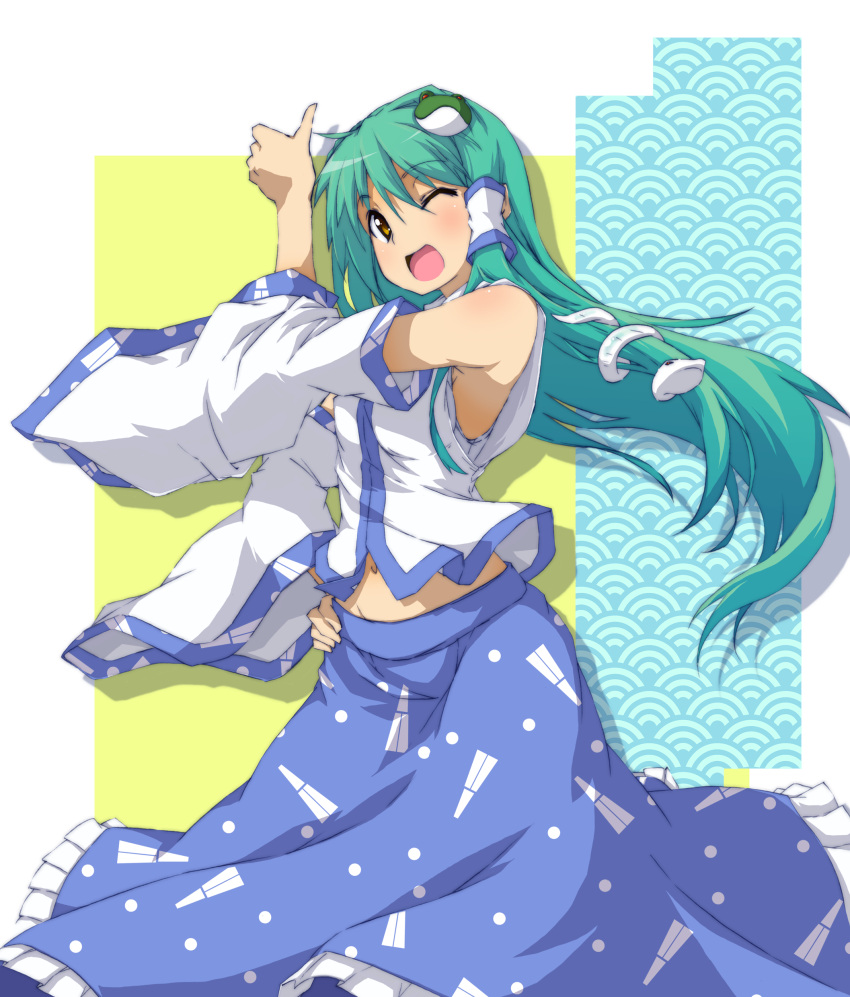 absurdres, bare_shoulders, bra, detached_sleeves, frog, green_hair, hair_ornament, hair_tubes