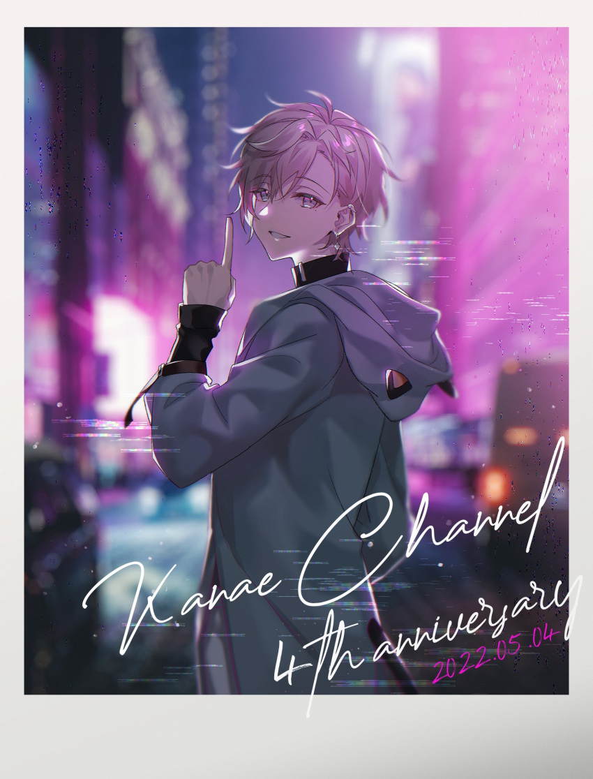 1boy, ahoge, anniversary, black_shirt, blue_hoodie, blurry, blurry_background, bokeh