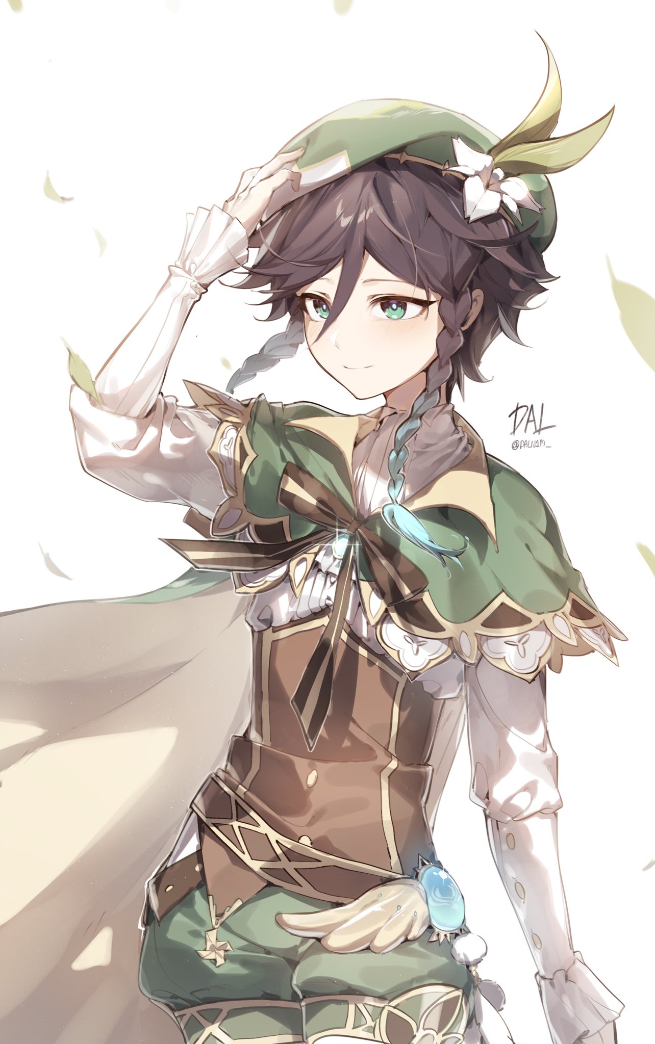 1boy, adjusting_clothes, adjusting_headwear, beret, black_hair, braid, cape, cecilia_flower_(genshin_impact)